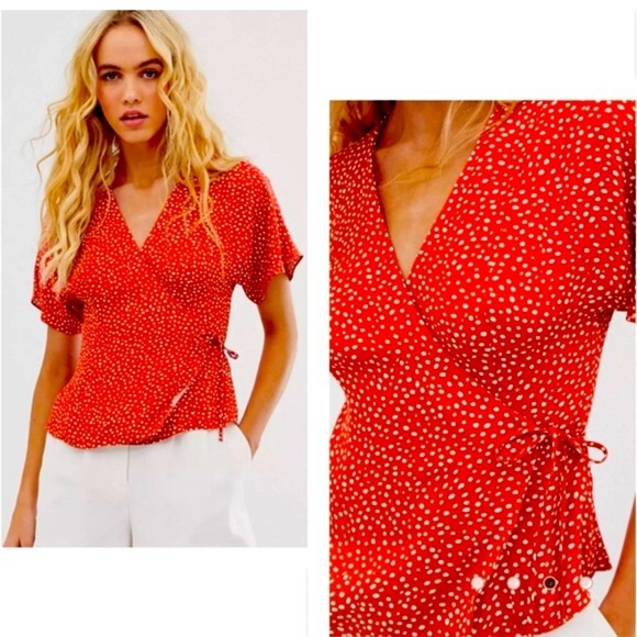 & Other Stories Tops - & Other Stories Wrap Blouse In Red With Cream Dot Print Size 12